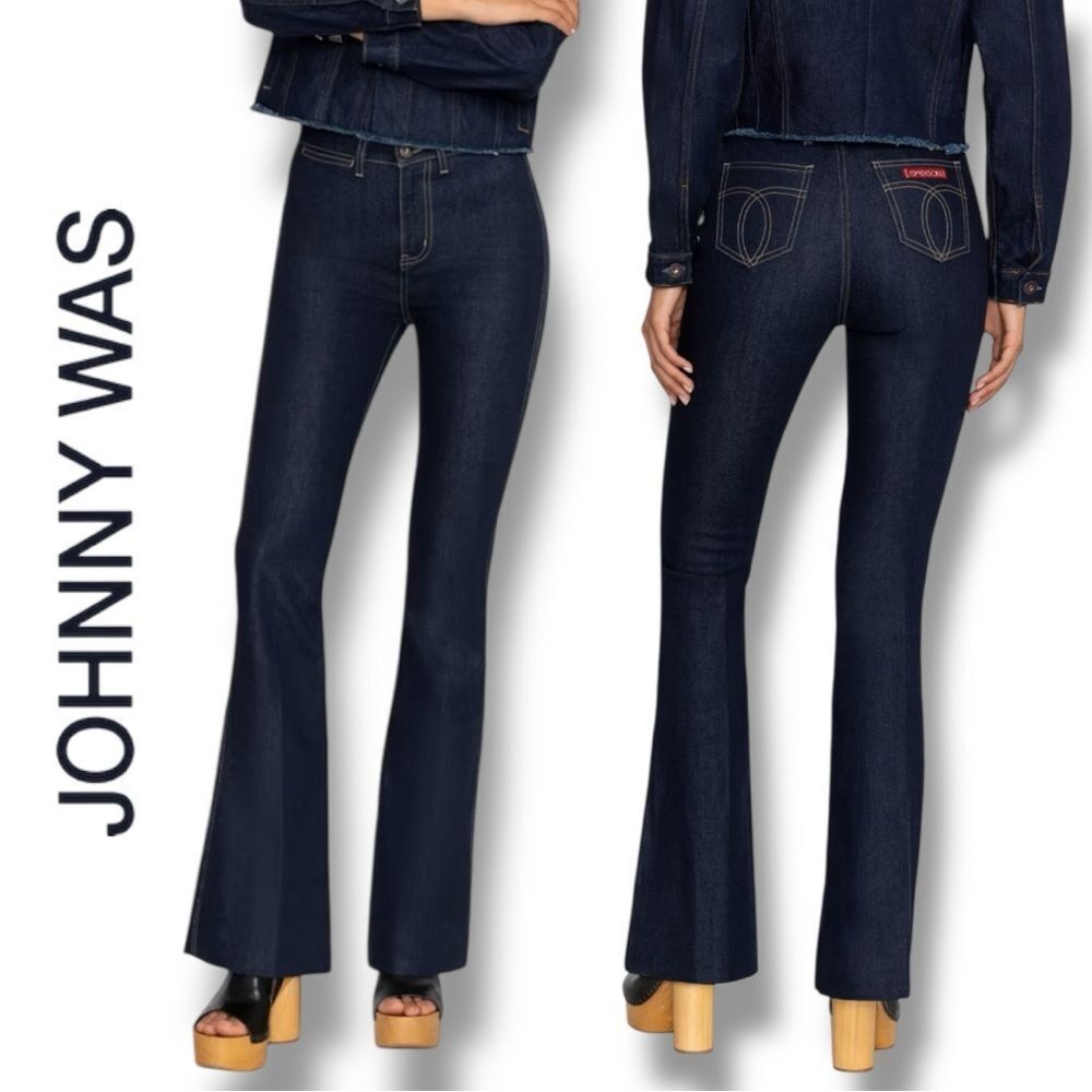 JOHNNY WAS Rue De La Flare Jean Dark Blue Flare Wide Leg Jeans in the Size 33